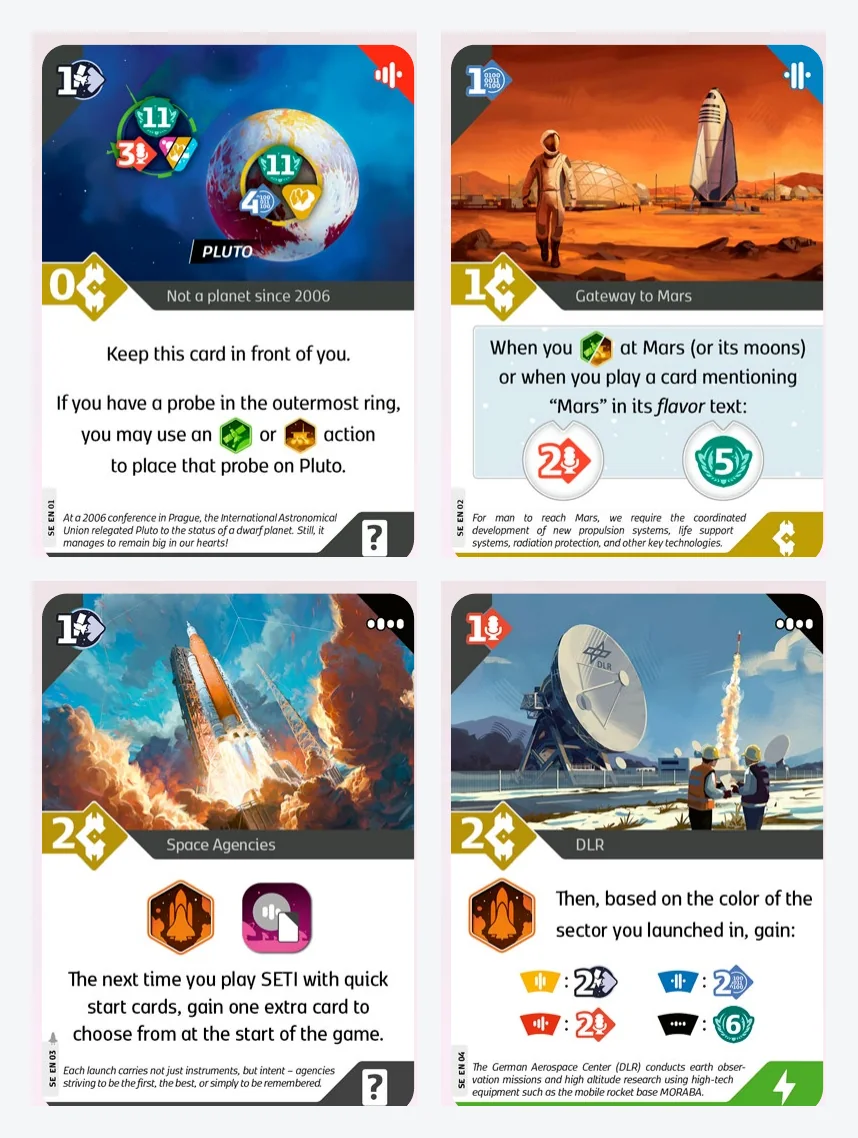 SETI 的四张官方促销牌:冥王星、Gateway to Mars、Space Agencies 与 DLR