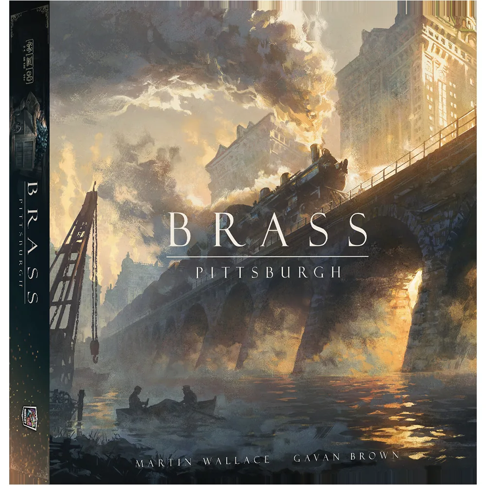 《Brass: Pittsburgh》官方盒面，蒸汽机车穿过匹兹堡工业城市与河岸